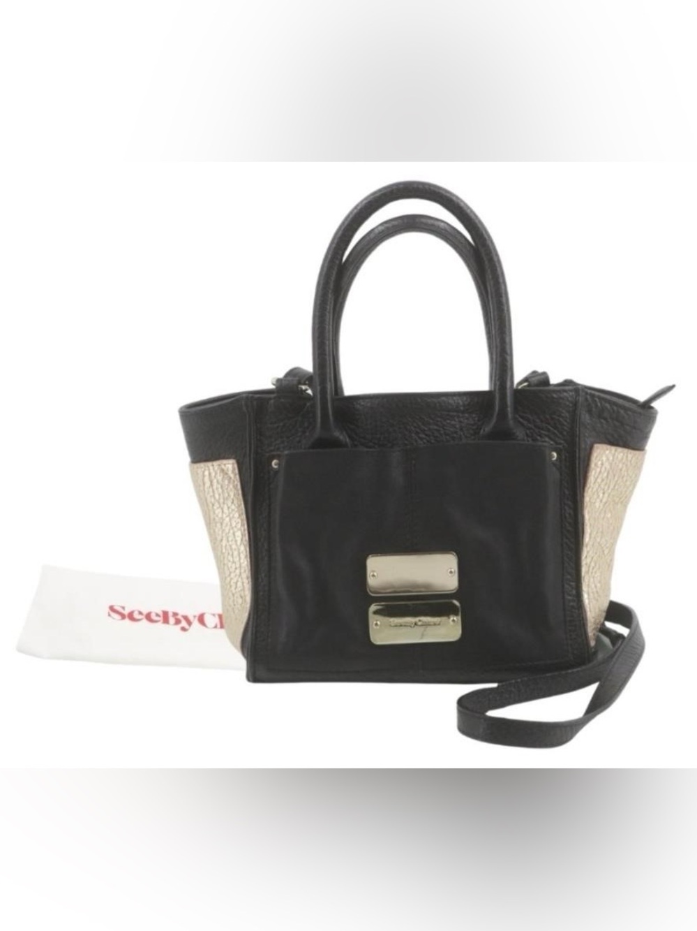 See By Chloe "Nellie" Black Satchel VG Cond w Gold Side Panels & Gold Hardware